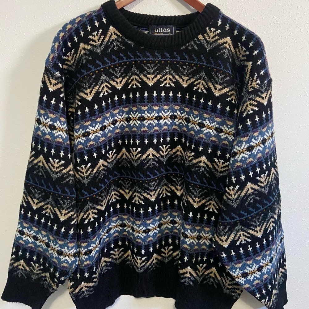 Vintage 90s Atlas Mens Blue Geometric Nordic Fair Isle Knit Crewneck Sweater - Picture 2 of 6